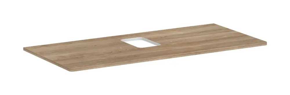Holzplatte in Eiche Natur mit mittigem Ausschnitt, geeignet für einen Aufsatzwaschtisch. Marke Hansgrohe.